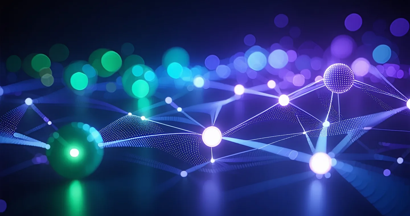 Abstract visualization of a data pipeline DAG graph with glowing node connections on dark background